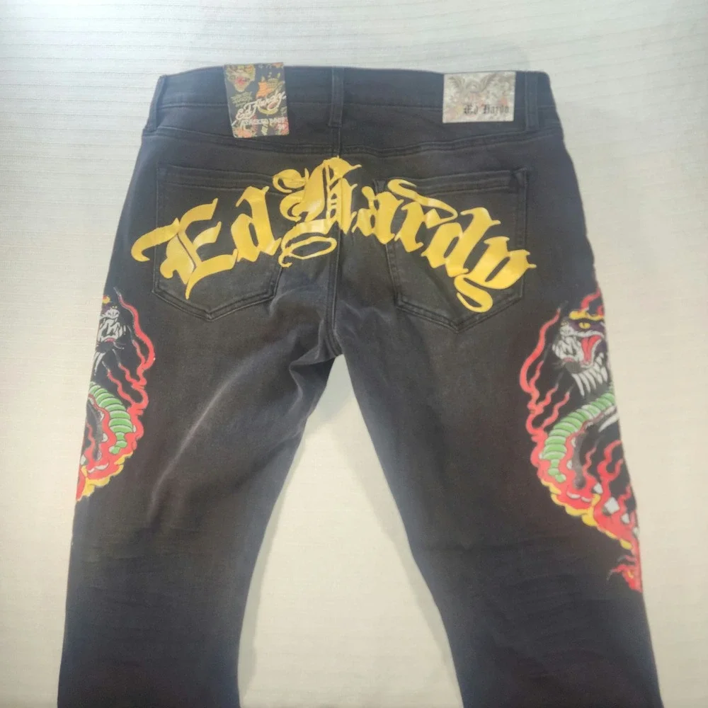 Ed Hardy Mens Stacked Boot Jeans Black Dragon Tattoo Graphics MEHD8303-4 34x36